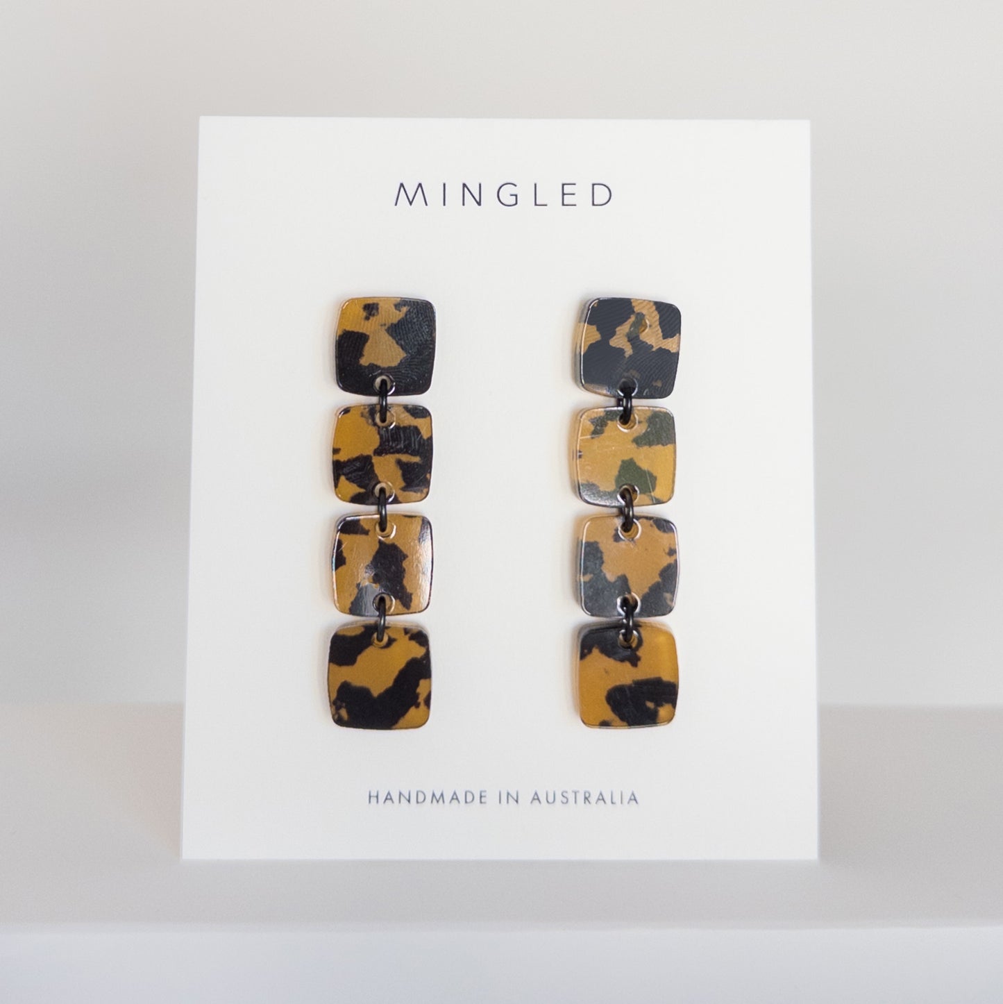 Four Squared Long Drop Dangle Earrings - Tortoise Shell