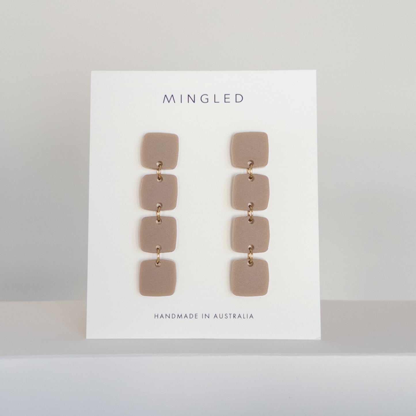 Four Squared Long Drop Dangle Earrings - Taupe