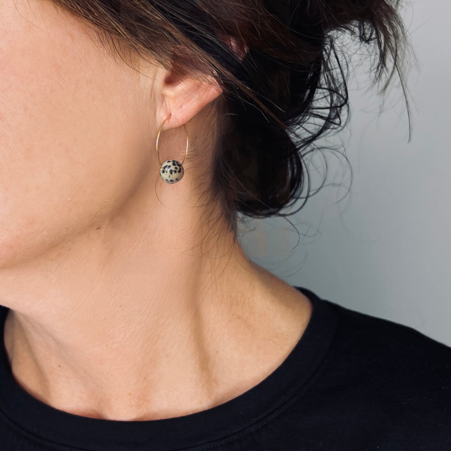 Single Bead Hoop Earrings - Dalmation Jasper on Stainless Steel