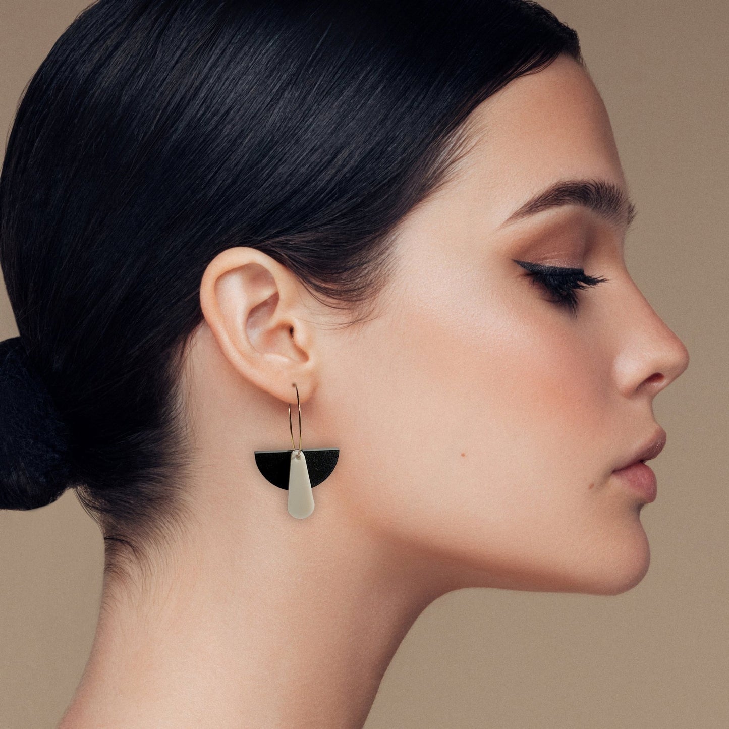 Art Deco Dangle Hoop - Matte Black and Matte Ivory Beige - Mingled