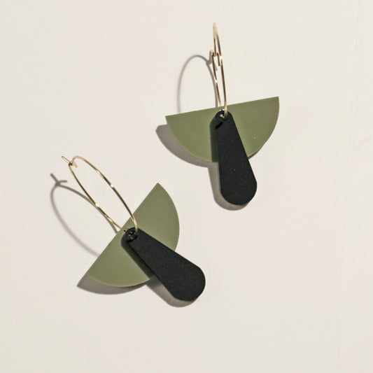 Art Deco Dangle Hoop - Olive Green and Black