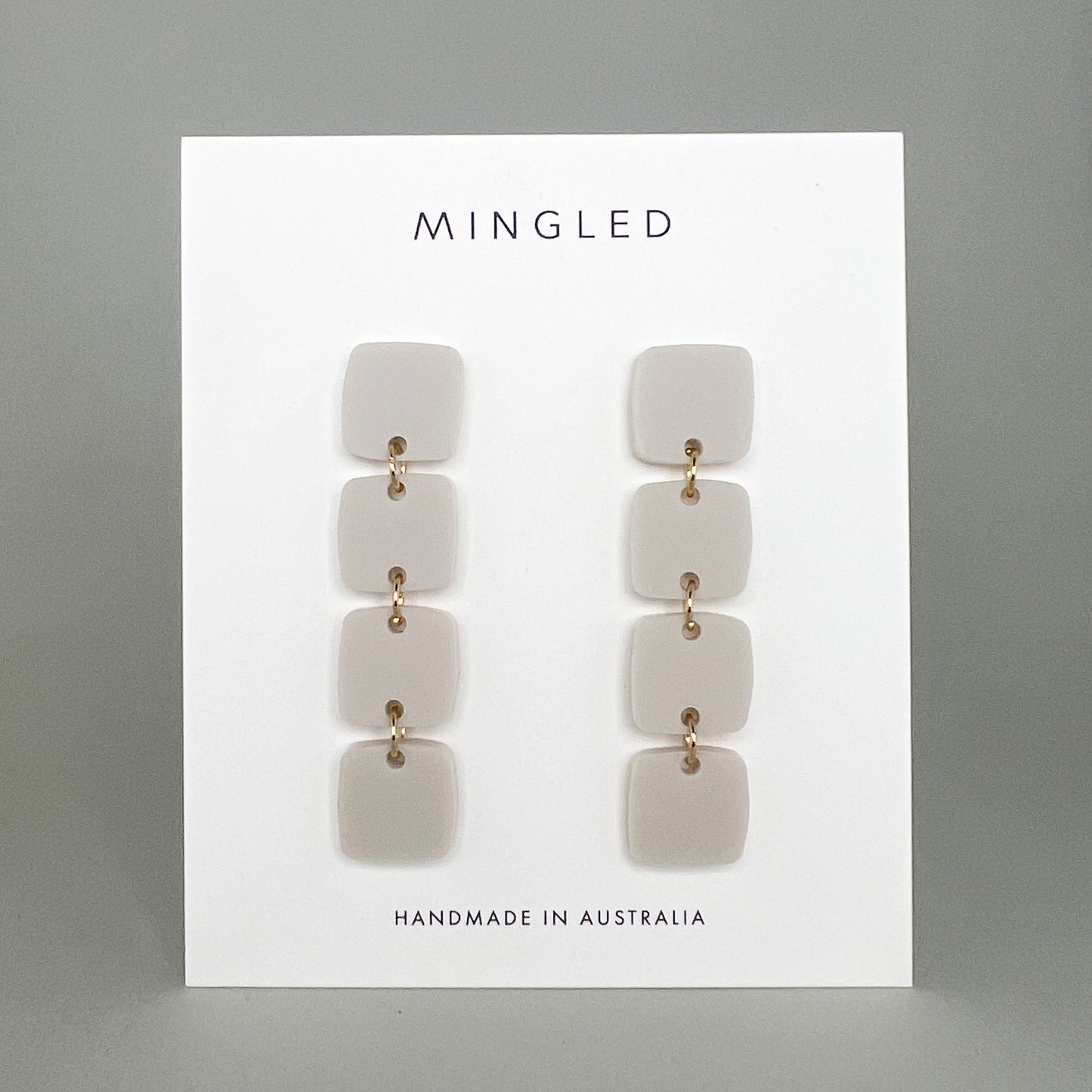 Four Squared Long Drop Dangle Earrings - Beige