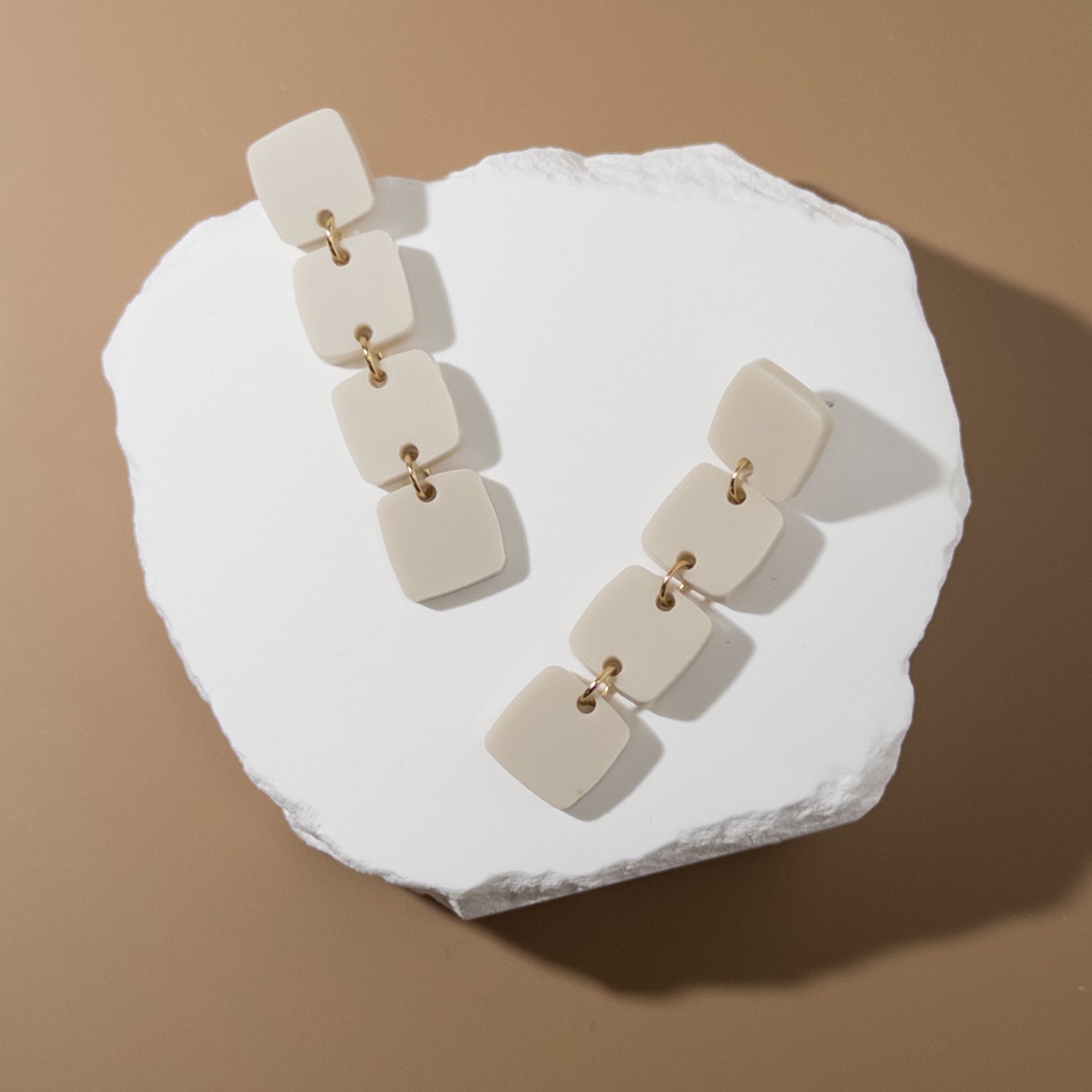 Four Squared Long Drop Dangle Earrings - Beige