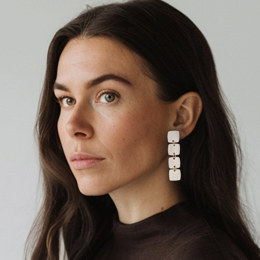 Square dangle drop beige statement earrings