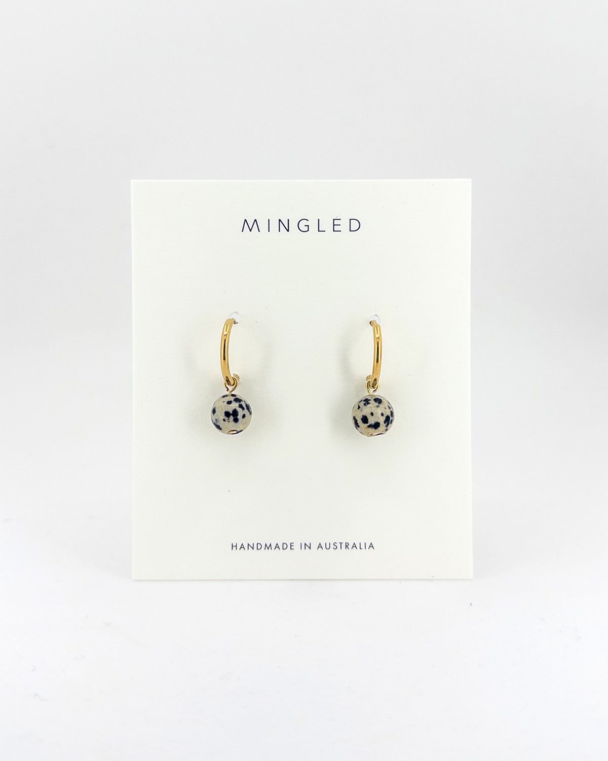 Gold Huggie Earrings with Removable Dalmation Jasper Charm