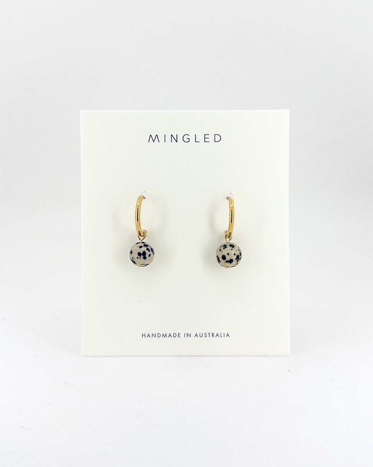 Gold Huggie Earrings with Removable Dalmation Jasper Charm - Mingled