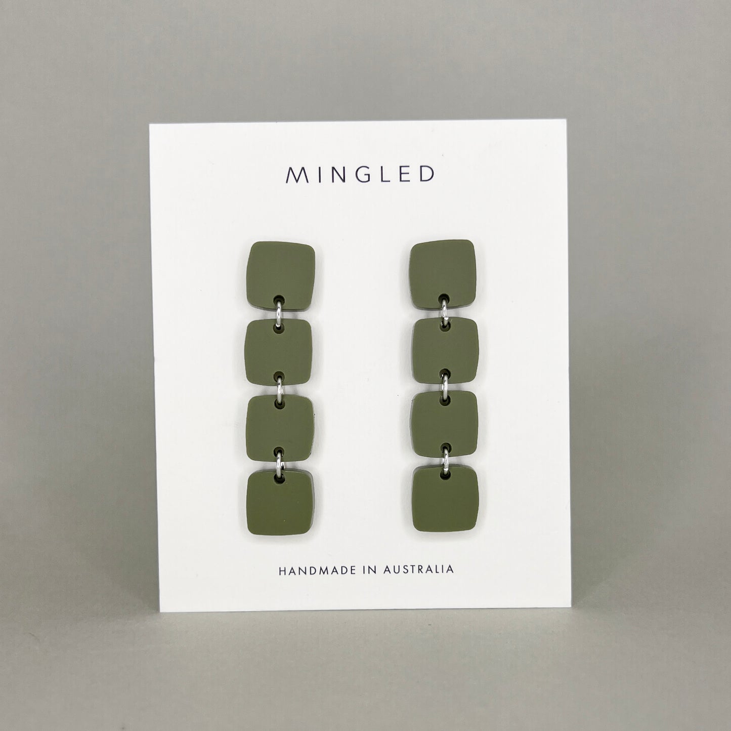 Four Squared Long Drop Dangle Earrings - Olive