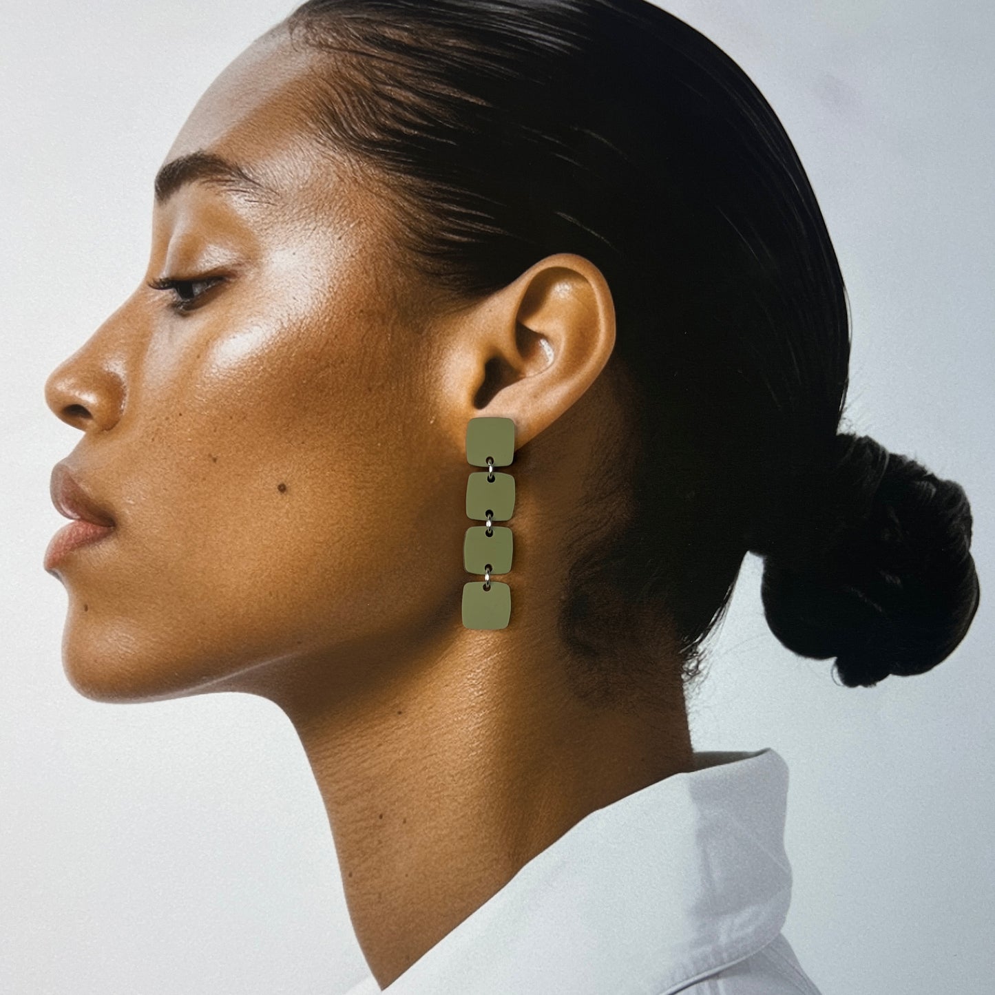 Four Squared Long Drop Dangle Earrings - Olive