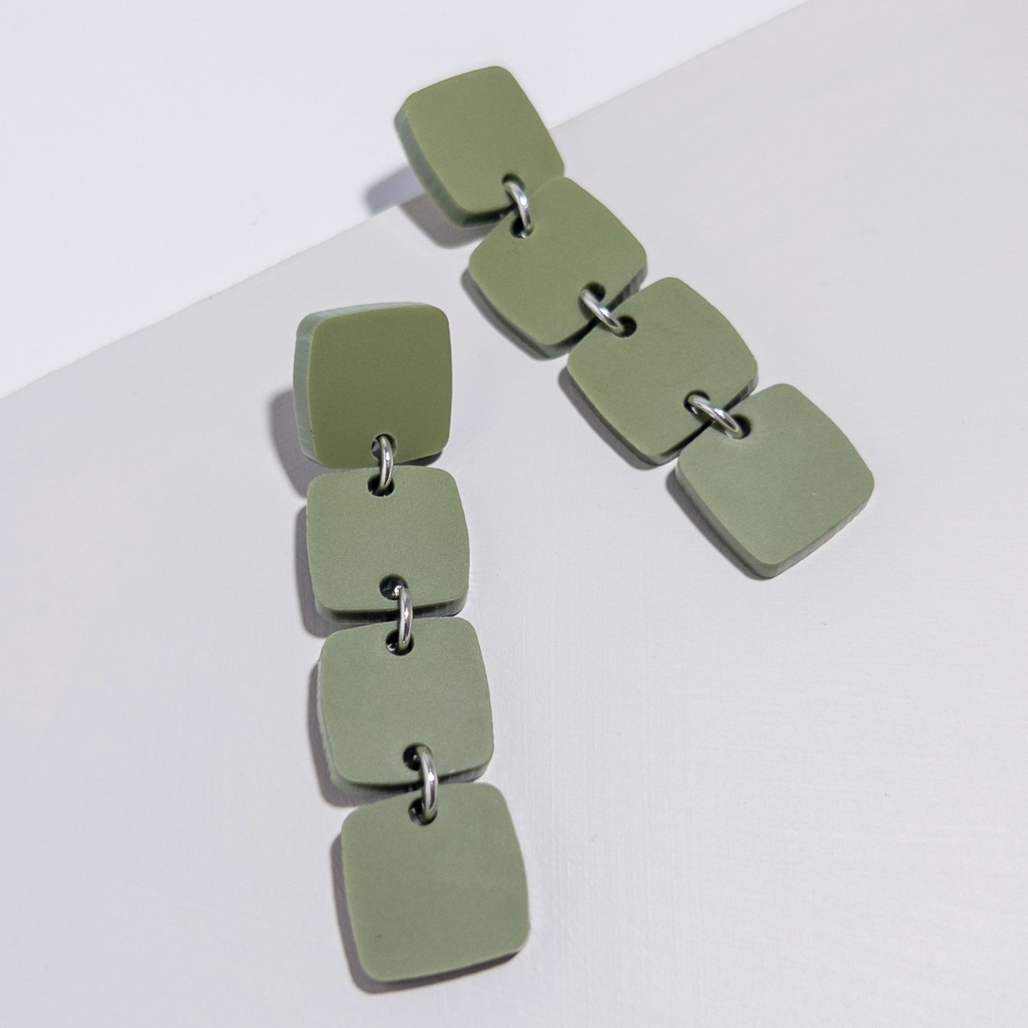 Four Squared Long Drop Dangle Earrings - Olive