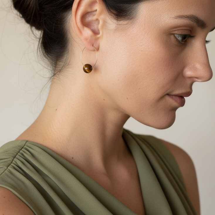 Single Bead Hoop Earrings - Tiger Eye on Stainless Steel