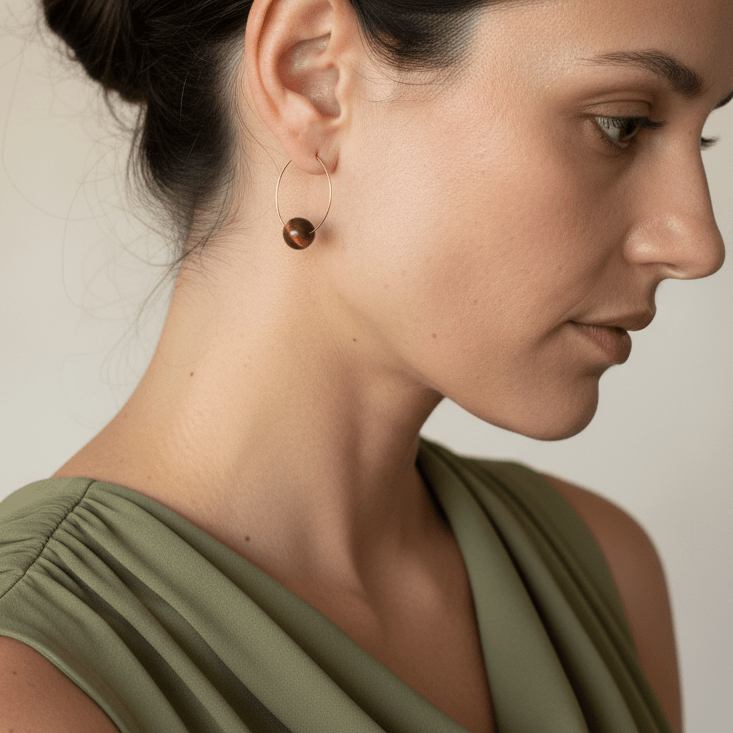 Single Bead Hoop Earrings - Tiger Eye on Stainless Steel - Mingled
