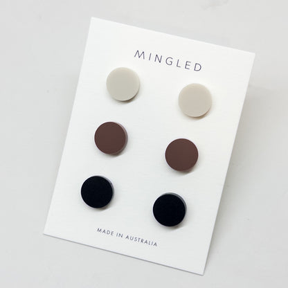 Set of 3 Studs - 15mm Round - Ivory, Burgundy, Black - Mingled