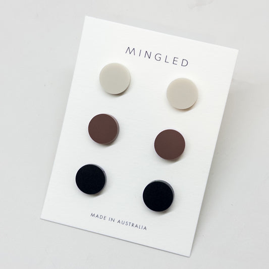 Set of 3 Studs - 15mm Round - Ivory, Burgundy, Black