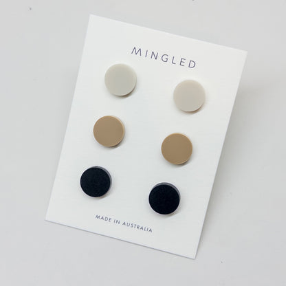 Set of 3 Studs - 15mm Round - Matte Ivory, Matte Latte, Matte Black - Mingled