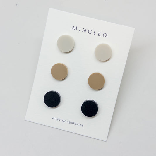 Set of 3 Studs - 15mm Round - Matte Ivory, Matte Latte, Matte Black