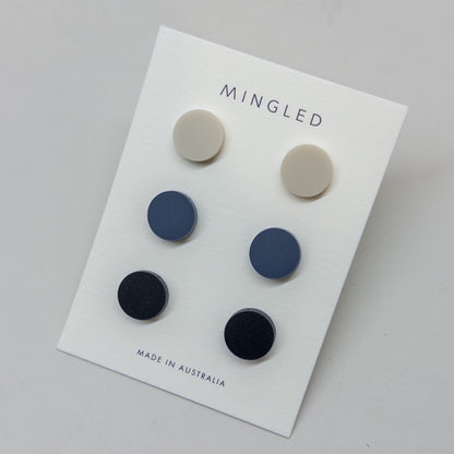 Set of 3 Studs - 15mm Round - Matte Ivory, Matte Navy, Matte Black - Mingled