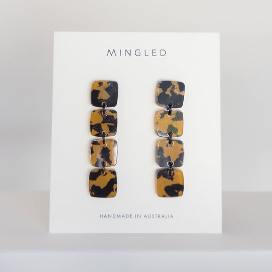 Four Squared Long Drop Dangle Earrings - Tortoise Shell