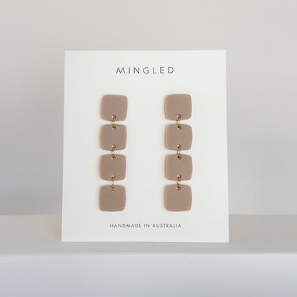 Four Squared Long Drop Dangle Earrings - Matte Taupe - Mingled