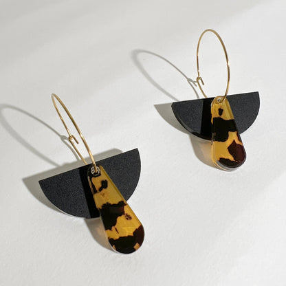 Art Deco Dangle Hoop - Matte Black and Tortoise Shell - Mingled