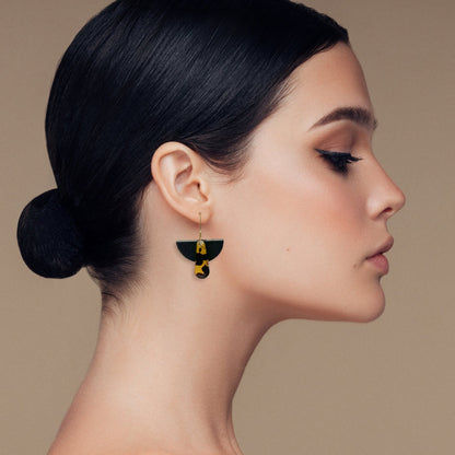 Art Deco Dangle Hoop - Matte Black and Tortoise Shell - Mingled