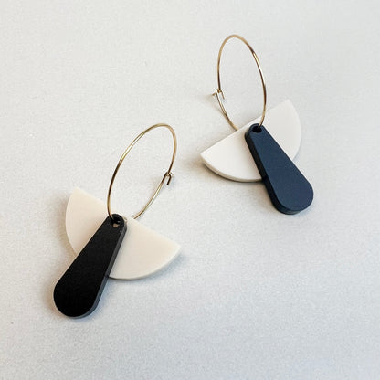 Art Deco Dangle Hoop - Matte Ivory Beige and Matte Black - Mingled