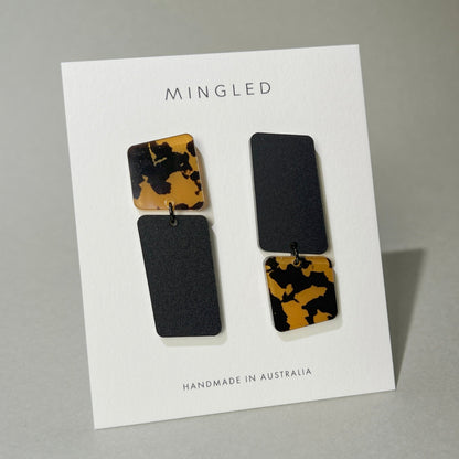 CLIP ON BAUHAUS Statement Earrings - Honey Tortie and Black - Mingled