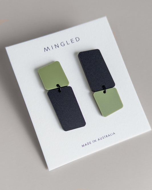 CLIP ON BAUHAUS Statement Earrings - Olive and Black - Mingled