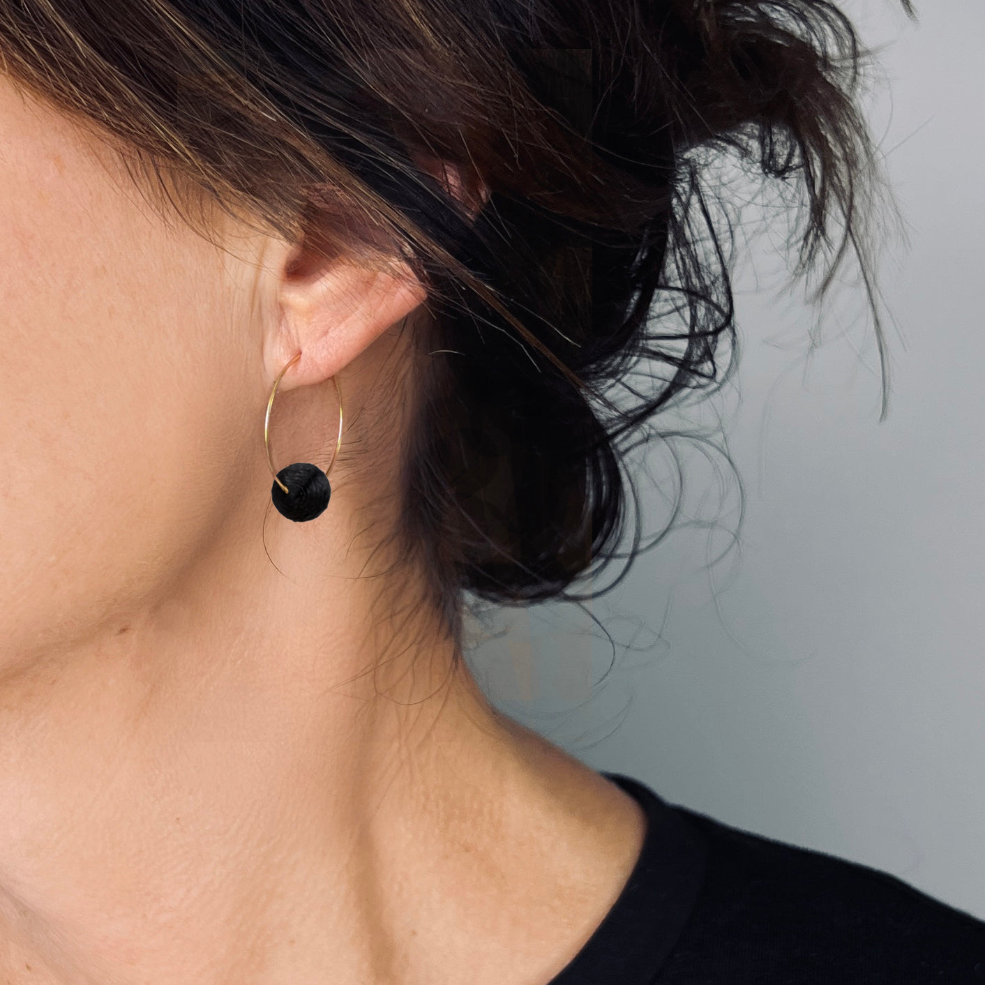 Single Bead Hoop Earrings - Black on Stainless Steel