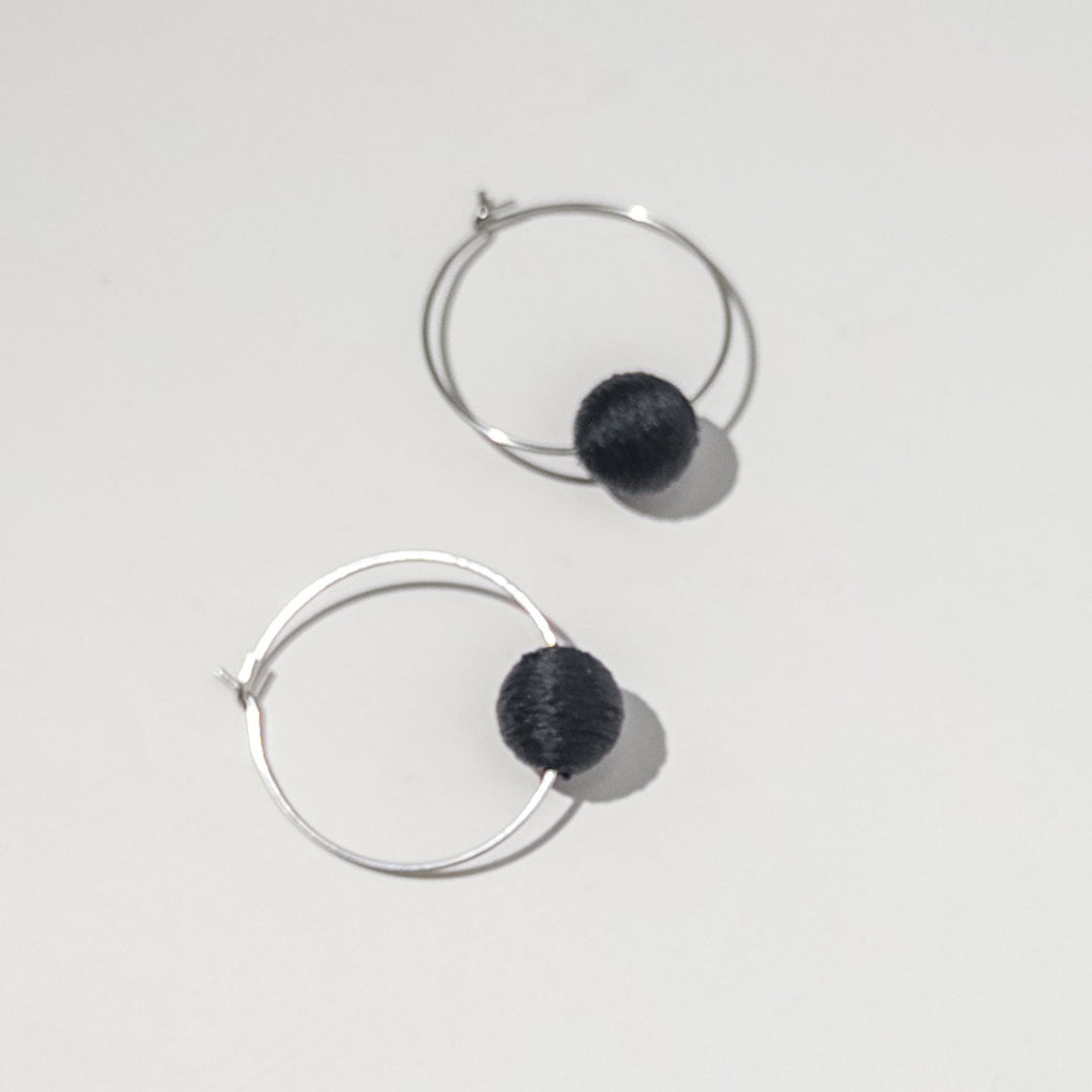 Single Bead Hoop Earrings - Black on Stainless Steel