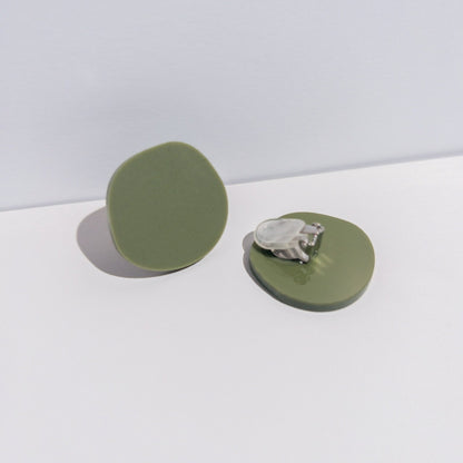 CLIP ON Organic Statement Stud Earrings - Matte Olive Green - Mingled