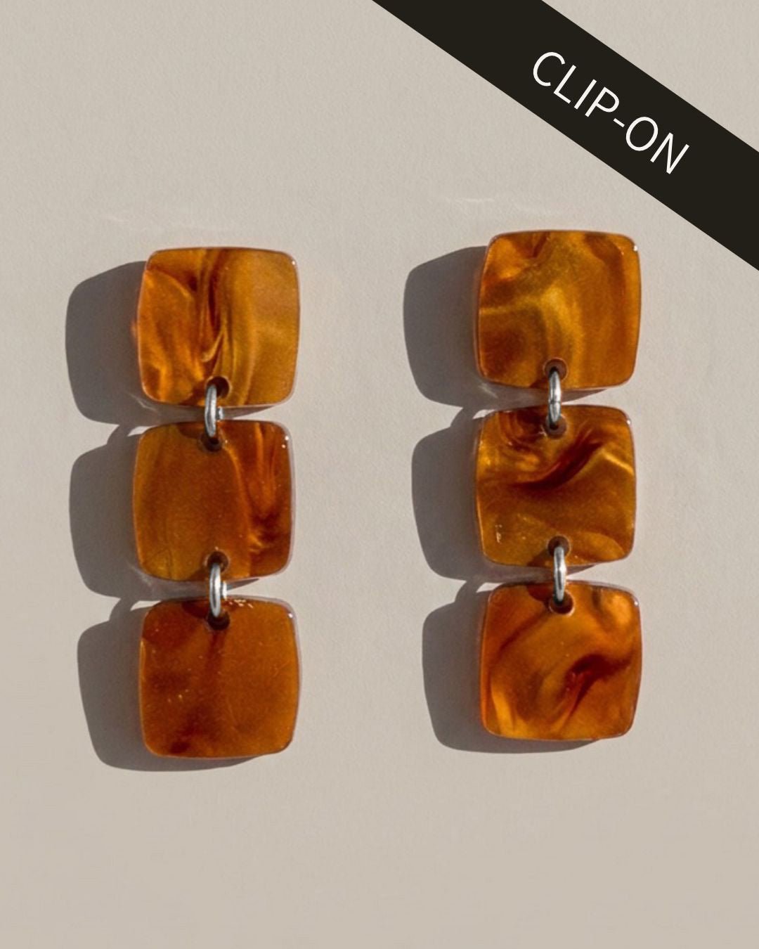 CLIP ON Three Square Earrings - Caramel - Mingled