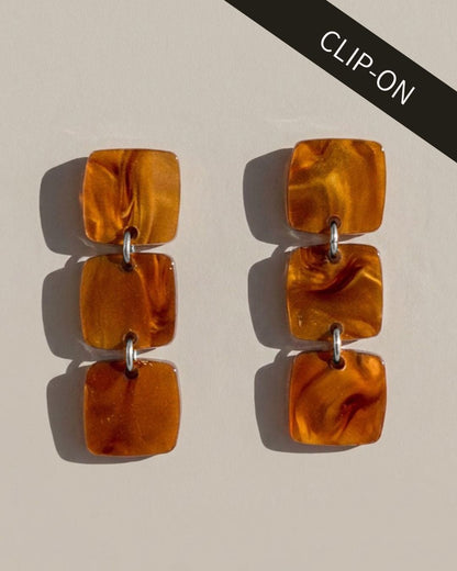 CLIP ON Three Square Earrings - Caramel - Mingled