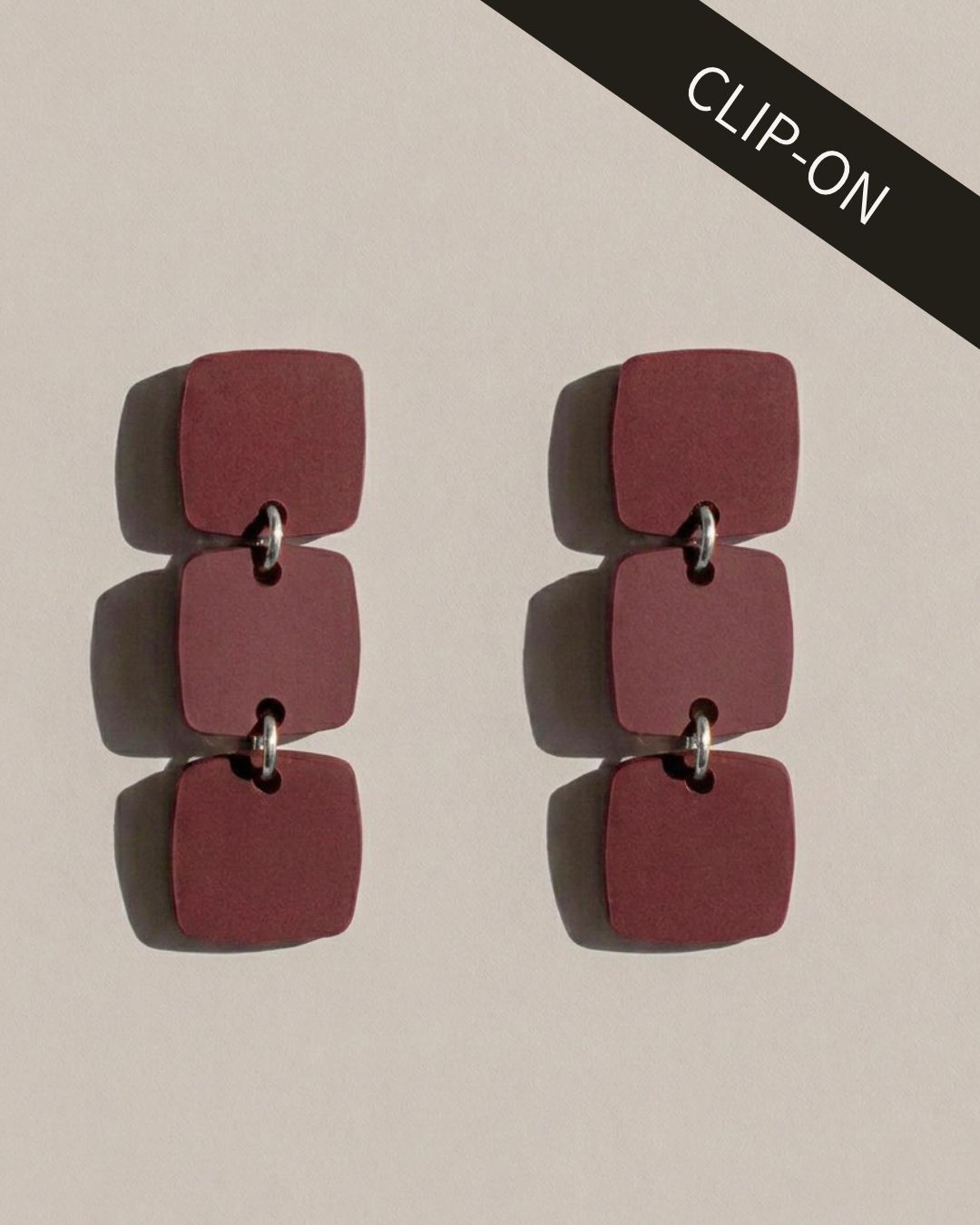 CLIP ON Three Square Earrings - Merlot - Mingled