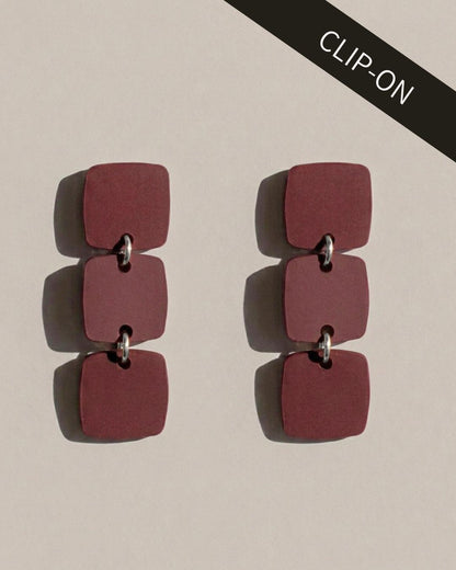 CLIP ON Three Square Earrings - Merlot - Mingled