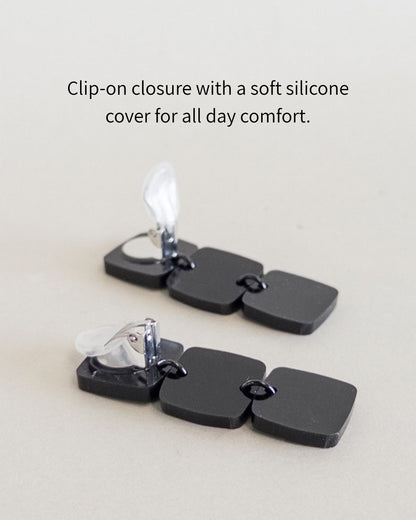 CLIP ON Three Square Earrings - Black - Mingled