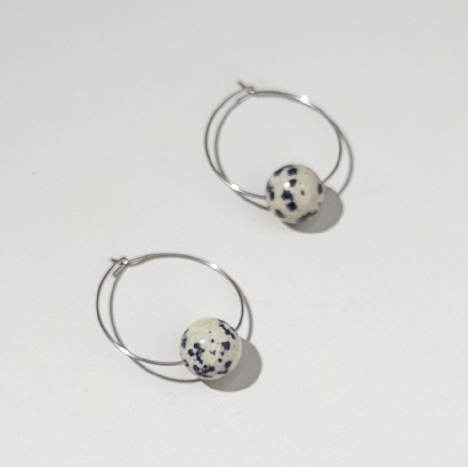 Single Bead Hoop Earrings - Dalmation Jasper on Stainless Steel
