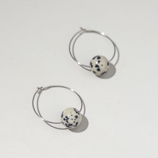 Single Bead Hoop Earrings - Dalmation Jasper on Stainless Steel