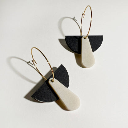 Art Deco Dangle Hoop - Matte Black and Matte Ivory Beige - Mingled
