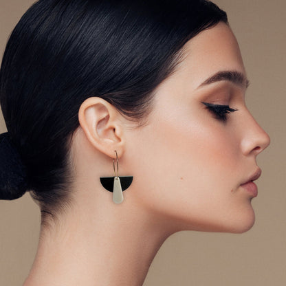 Art Deco Dangle Hoop - Matte Black and Matte Ivory Beige - Mingled
