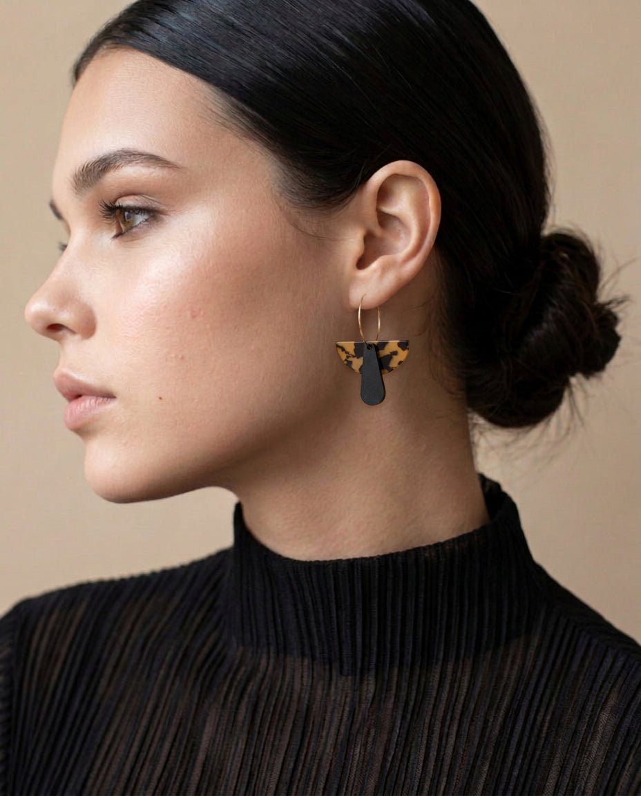 Art Deco Dangle Hoop - Tortoise Shell and Black - Mingled