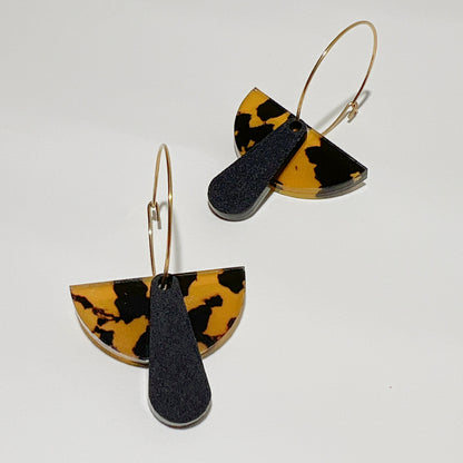 Art Deco Dangle Hoop - Tortoise Shell and Black - Mingled