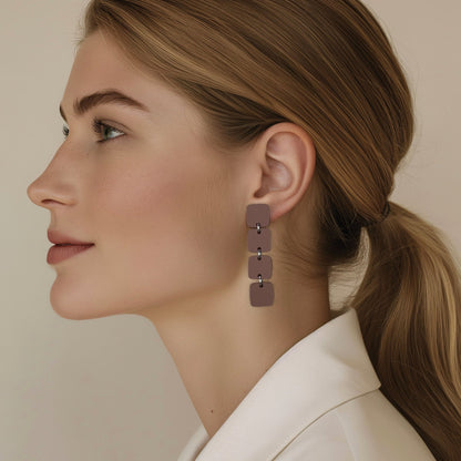 Four Squared Long Drop Dangle Earrings - Matte Nutmeg Brown - Mingled