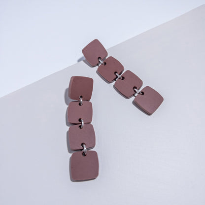Four Squared Long Drop Dangle Earrings - Matte Nutmeg Brown - Mingled