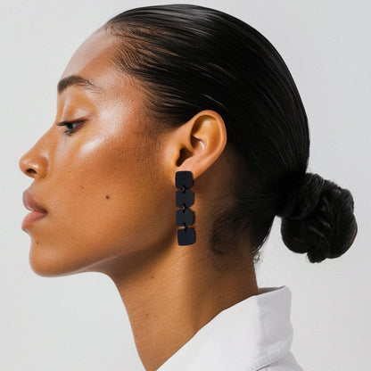 Four Squared Long Dangle Earrings - Black - Mingled