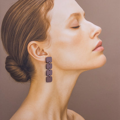 Four Squared Long Drop Dangle Earrings - Matte Nutmeg Brown - Mingled