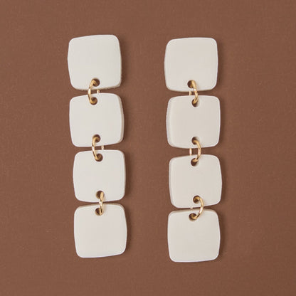 Four Squared Long Drop Dangle Earrings - Ivory Beige - Mingled