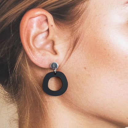 Frankie Minimalist Dangle Earrings - Matte Black and Stainless Steel - Mingled