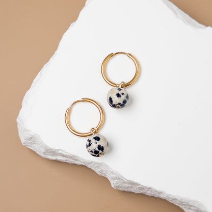 Gold Huggie Earrings with Removable Dalmation Jasper Charm - Mingled