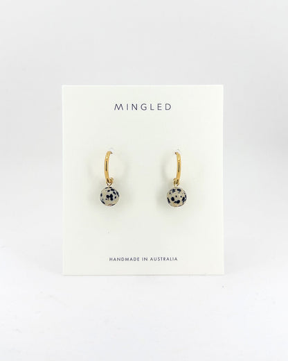 Gold Huggie Earrings with Removable Dalmation Jasper Charm - Mingled