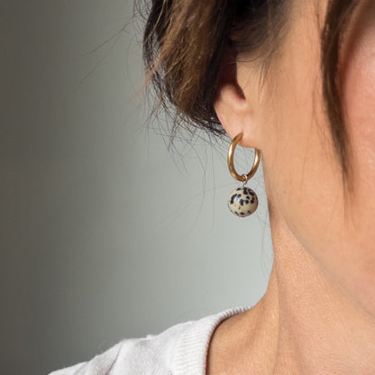 Silver Huggie Earrings with Removable Dalmation Jasper Charm - Mingled